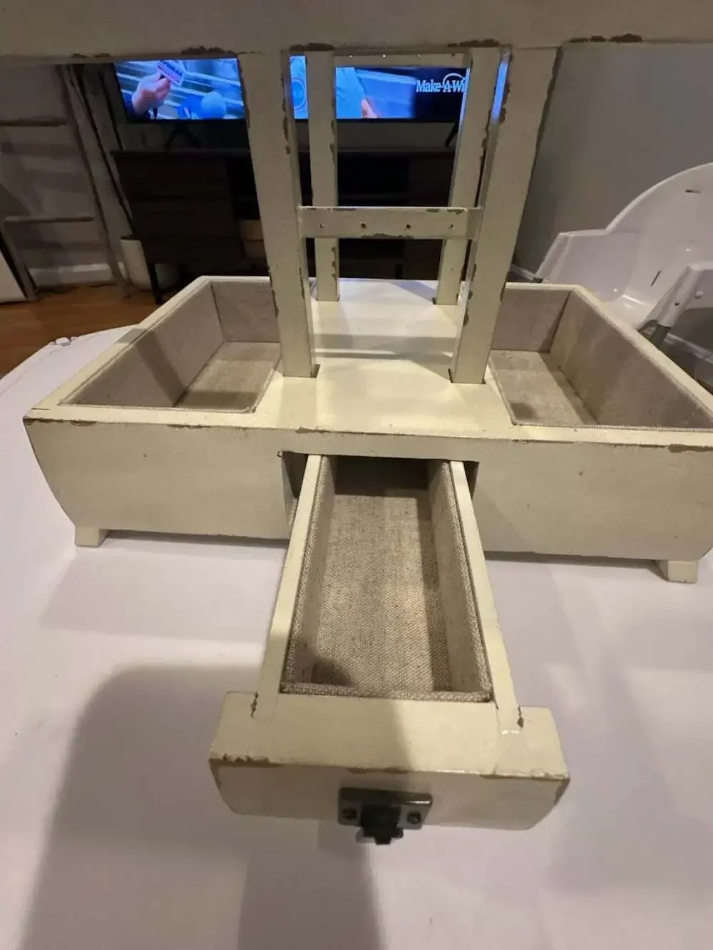 Distressed White Wood Jewelry Stand Organizer with Trays and Drawer